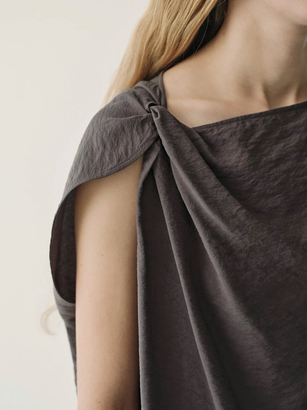INSIS FEMME Plum Brown  Knot-Shoulder Draped Blouse - Picture 5 of 14